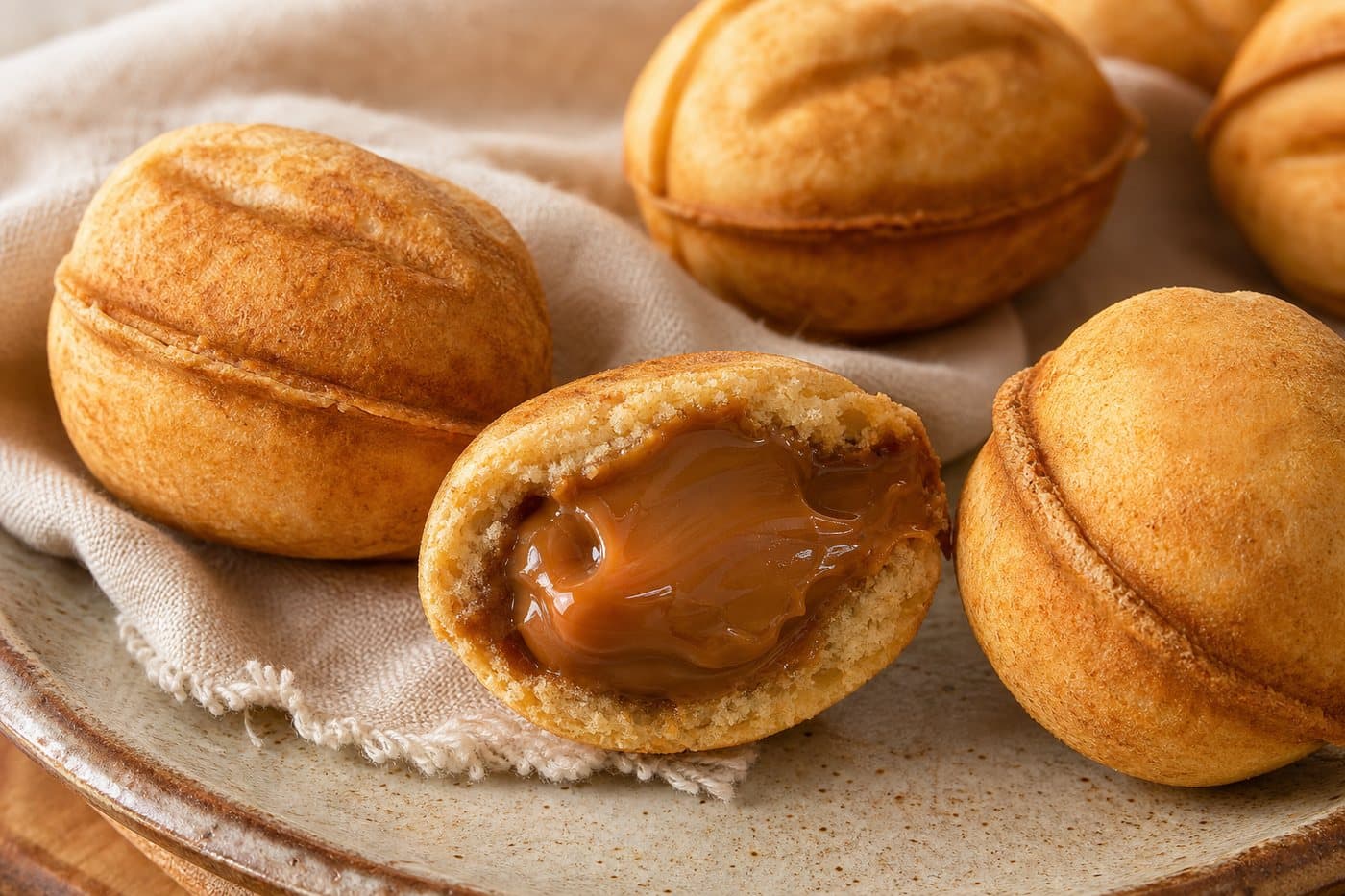 Oreshki au caramel en gros plan avec un biscuit ouvert montrant la garniture