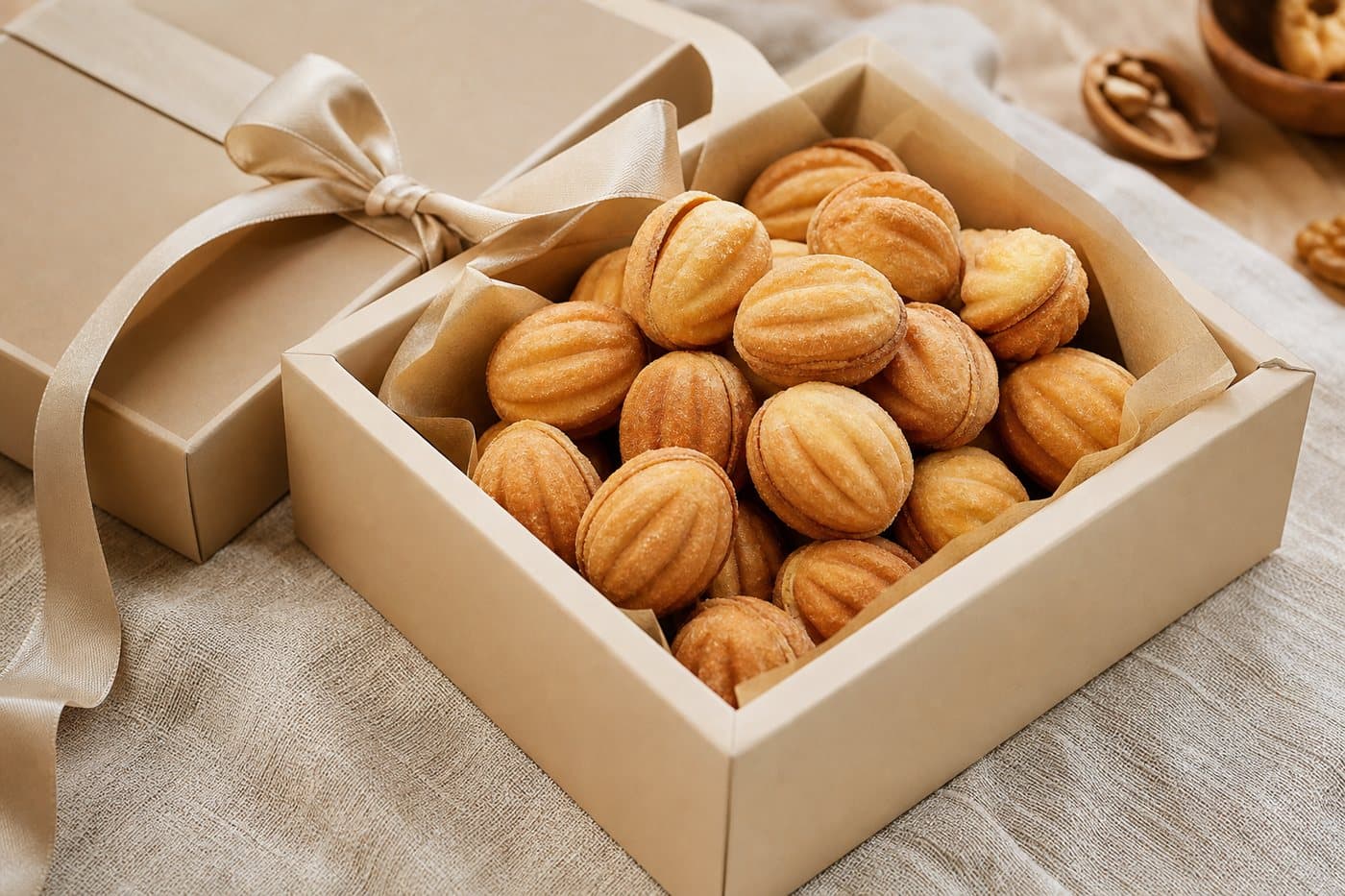 Coffret cadeau beige rempli d’oreshki au caramel avec un ruban