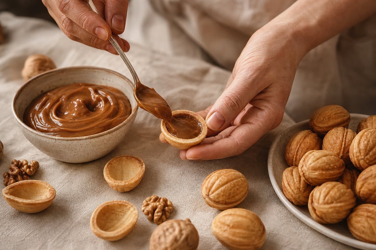 Des mains garnissent des coques d’oreshki avec du caramel au lait concentré