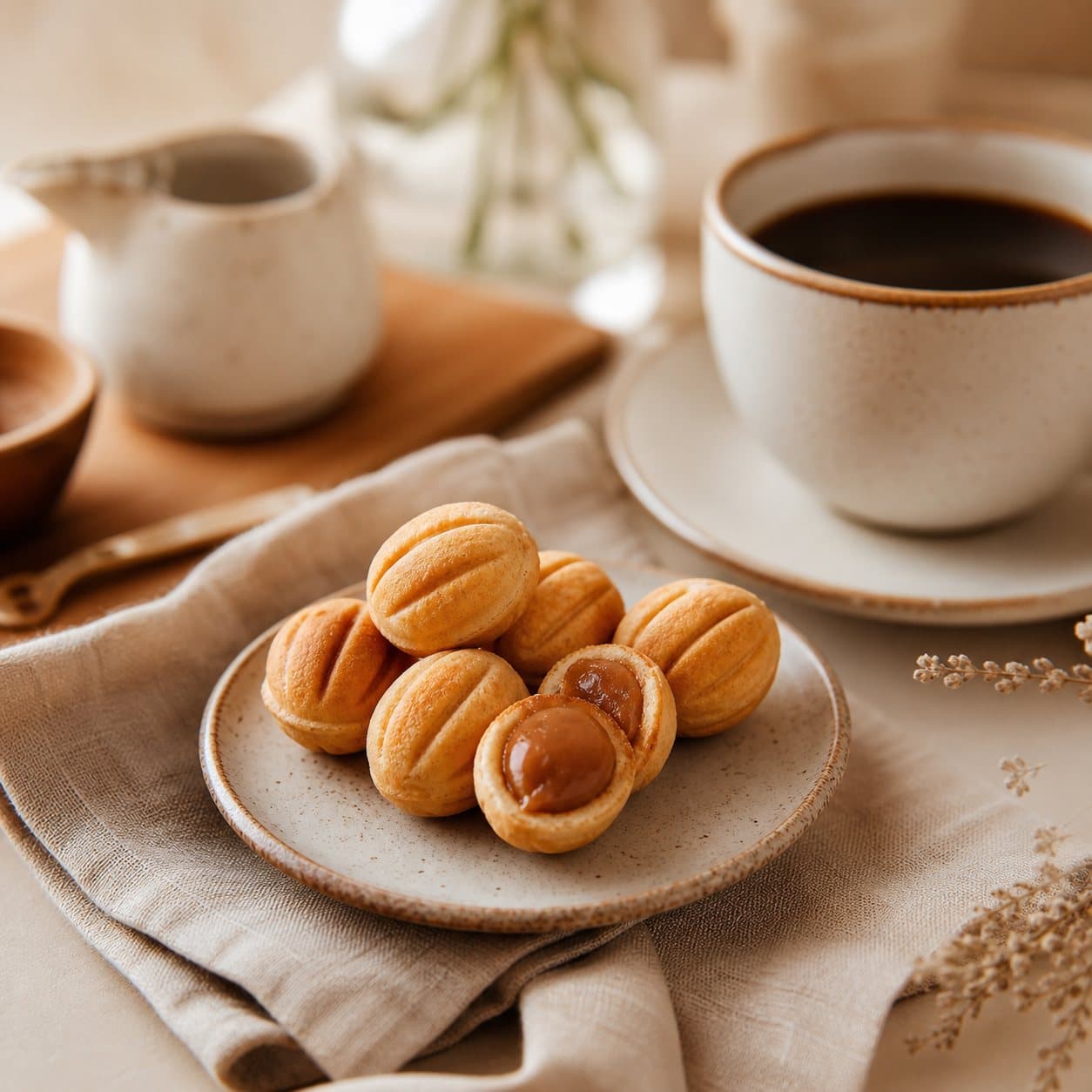 Petit format d’oreshki au caramel près d’une tasse de café